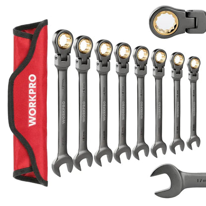 WORKPRO 8-Piece Flex-Head Ratcheting Combination Wrench Set with Storage Bag