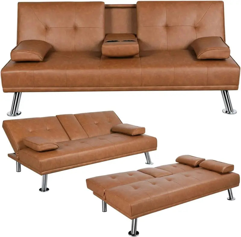 Yaheetech Convertible Sofa Bed  Faux Leather Reclining Loveseat with 3-Position Adjustability & 772-Lb Weight Limit