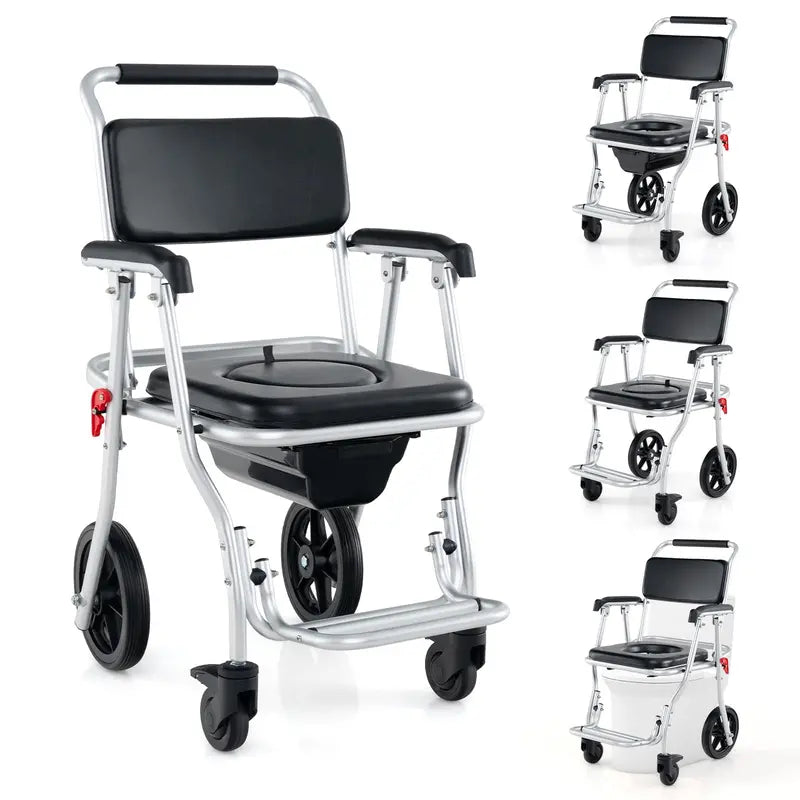 Foldable 4-in-1 Shower Commode Wheelchair  330 lb Capacity with Armrests