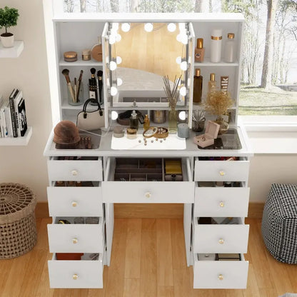 LED Makeup Vanity Dresser  Tri-Fold Mirror, Glass Top Surface, and Certified Bright Lighting