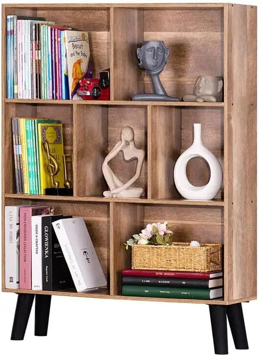 LEYAOYAO Natural Wood 7-Cube Bookshelf  Modern Open-Back Storage Unit with Solid Legs