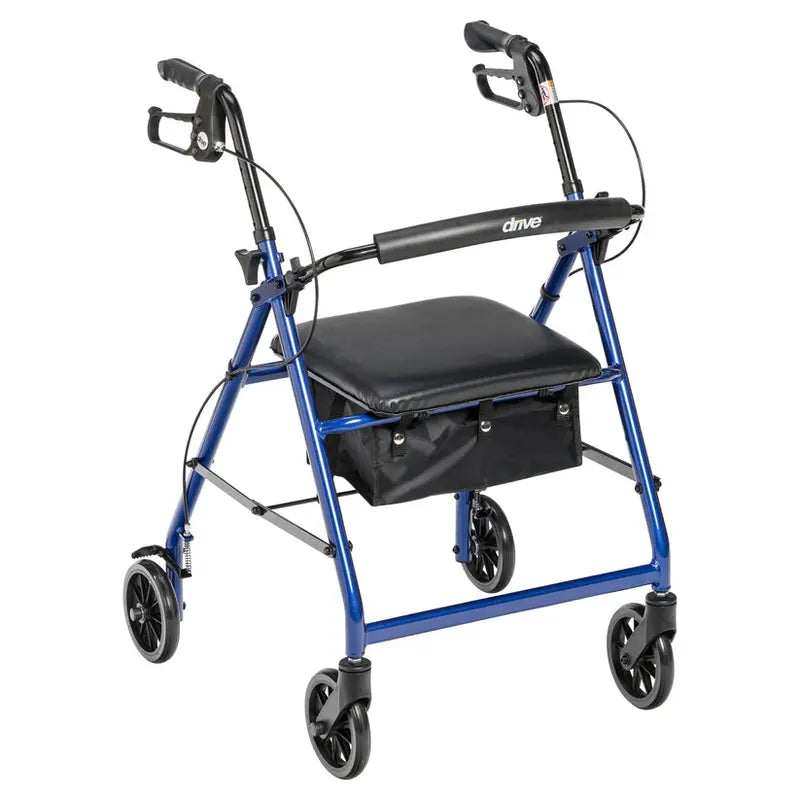 Drive Medical 4-Wheel Rollator Walker  Foldable Design with Padded Seat & Backrest, 6″ Wheels, Durable Blue Frame