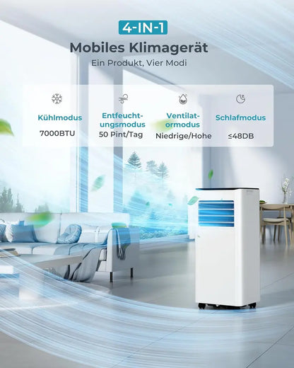 7000 BTU 4-in-1 Portable Air Conditioner  Mobile Unit with Exhaust Hose, Digital Control, Remote, Timer, and Window Kit for Up to 20 m²