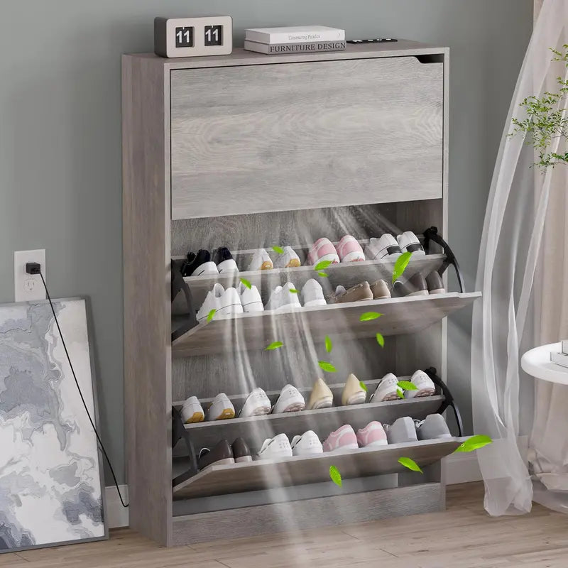 Discreet Freestanding Wood Shoe Cabinet with Three Concealed Flip Drawers