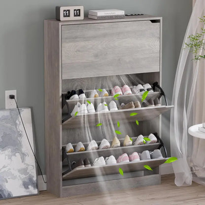Discreet Freestanding Wood Shoe Cabinet with Three Concealed Flip Drawers