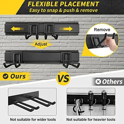48″ Adjustable Wall-Mount Tool Organizer for Garage, Yard, & Garden  440lbs Capacity, Metal Hooks