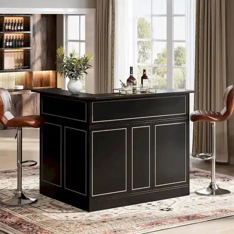 L-Shaped Bar Cabinet with Stemware Racks  Stylish Home Pub Storage Solution