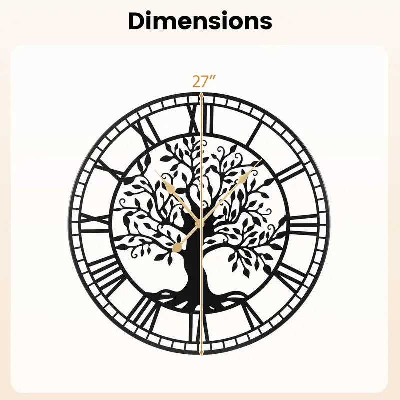 27-Inch Tree of Life-Themed Battery-Operated Metal Wall Clock with Elegant Finish