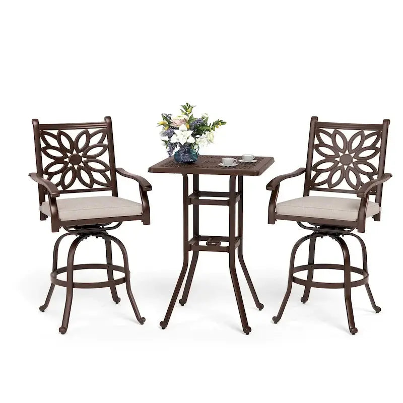 MAISON ARTS Cast Aluminum Patio Bar Set  3-Piece: 1 Swivel Bar Table + 2 High Stools