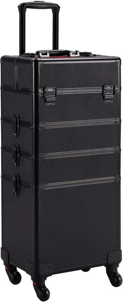 All-Black 4-in-1 Rolling Aluminum Cosmetic Organizer  Professional Artist Train Case with Four Locking Wheels