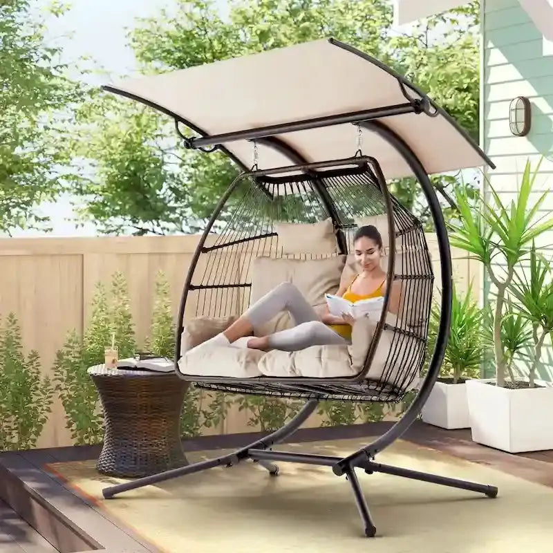 Double Outdoor Swing Loveseat  Foldable Egg Chair with Stand, Awning & Cushions (Beige)