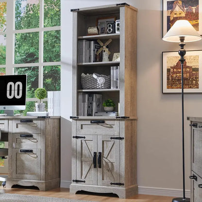 72″ Farmhouse Bookcase with File Drawers  Rustic 4-Tier Wooden Shelving Unit Featuring Adjustable Shelves and Cabinet Storage