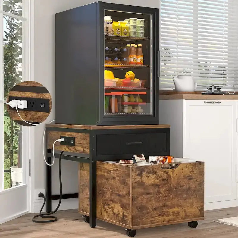 Compact Fridge Stand with Built-in Charging Station, Storage Drawers, and Mobile Cabinet Design