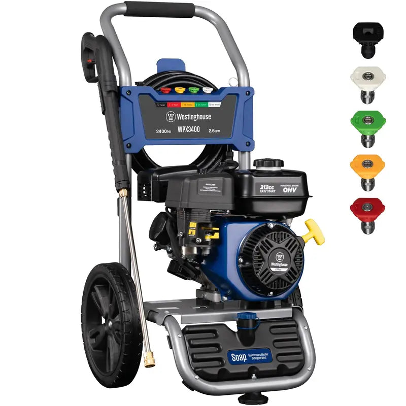 Westinghouse WPX3400 Gas Pressure Washer, 3400 PSI, 2.6 GPM, 212cc Engine, 25′ Hose, 5 Nozzles