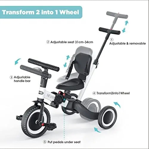 NewYoo 4-in-1 Toddler Tricycle for 1-3 Year Olds  Balance Bike with Parent Handle & Removable Pedals  White TR007