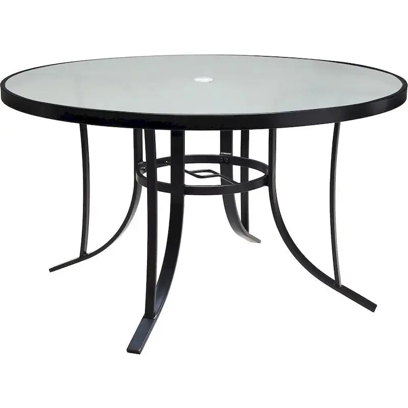 Hanover Lavallette 5-Piece Dining Ensemble — Ocean Blue Chairs, 52-Inch Round Glass Table, Umbrella & Base