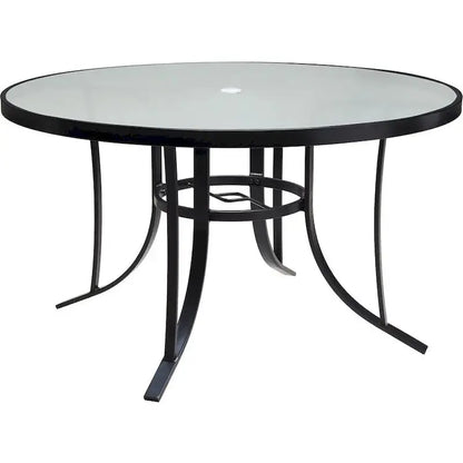 Hanover Lavallette 5-Piece Dining Ensemble — Ocean Blue Chairs, 52-Inch Round Glass Table, Umbrella & Base