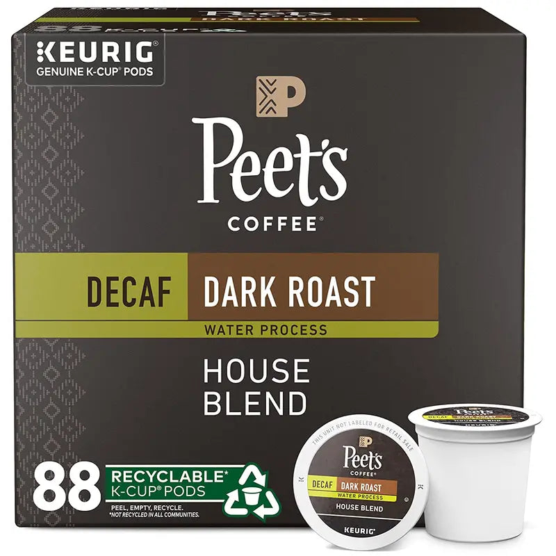 Peet’s Decaf House Blend K-Cup Pods  Dark Roast, 88-Count (4 x 22-Pack) for Smooth, Caffeine-Free Brewing
