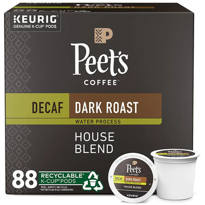Peet’s Decaf House Blend K-Cup Pods  Dark Roast, 88-Count (4 x 22-Pack) for Smooth, Caffeine-Free Brewing