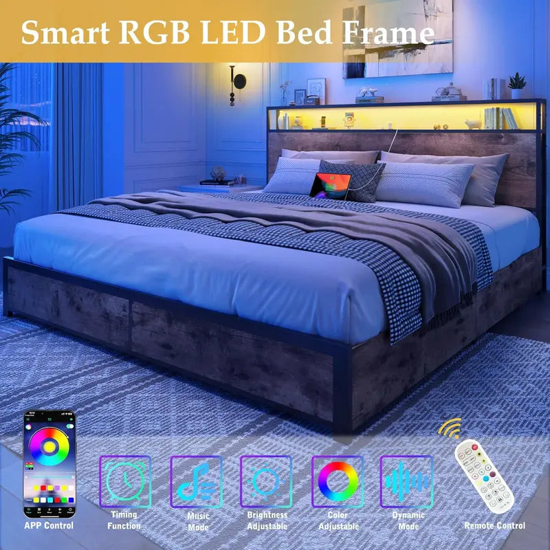 Lifezone Queen Platform Bed  2-Tier Storage Headboard with Charging Station, LED Lights & Quiet Metal Support
