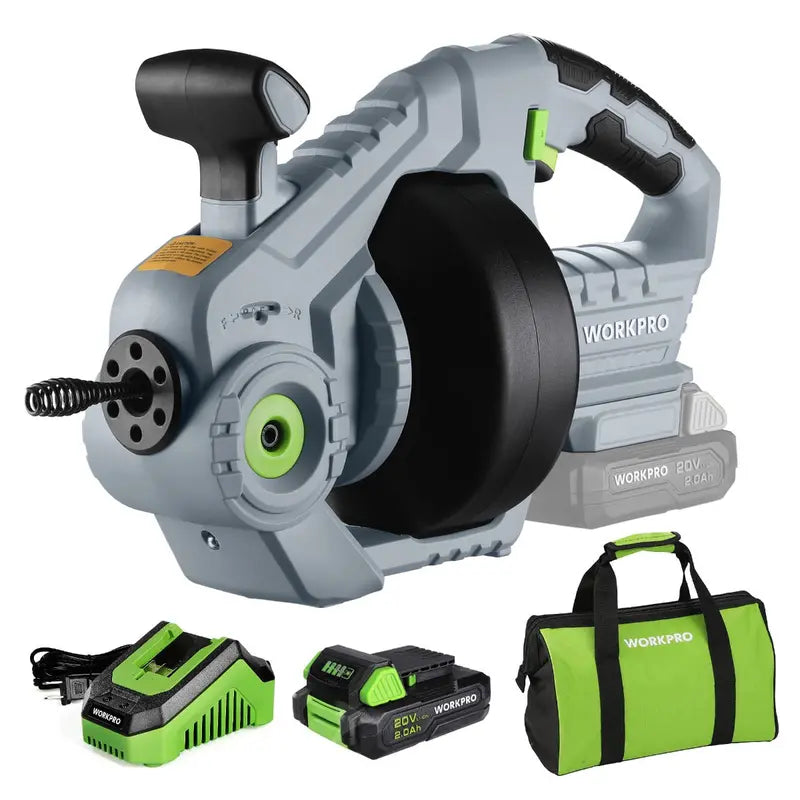 WORKPRO 20V Cordless Electric Drain Auger  25-Foot Plumbing Snake with 2.0Ah Battery & Charger