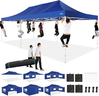 COBIZI Heavy-Duty 10×20 FT Pop-Up Canopy Tent  6 Wind-Resistant Sidewalls, Black Frame, Roller Bag