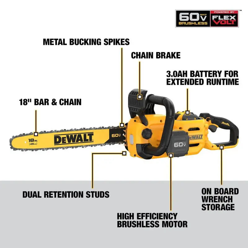 DEWALT 60V MAX Cordless Brushless 18-Inch Chainsaw Kit (DCCS672X1)