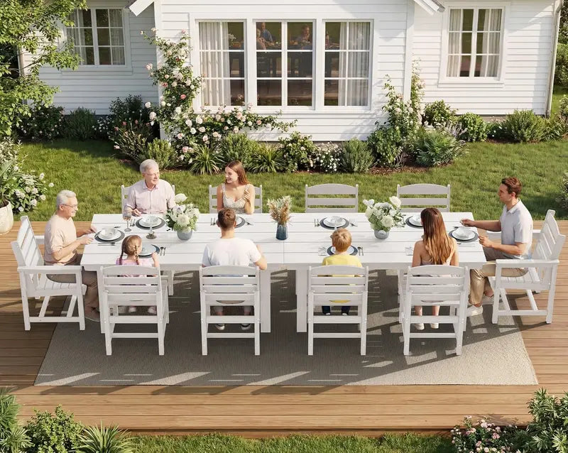 SERWALL 7-Piece Blue HDPE Outdoor Dining Set with Umbrella Hole and Stackable Chairs