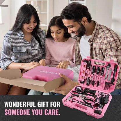 WORKPRO 108-Piece Portable Tool Set  Includes Cordless Power Drill & Pink Ribbon Accessories