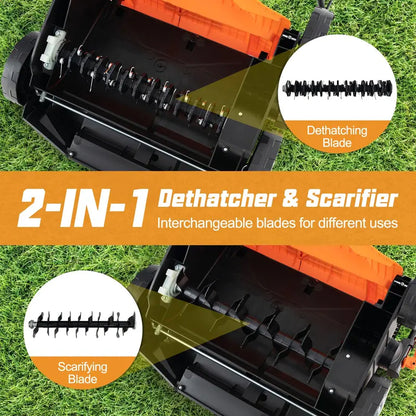 Dual-Function Electric Lawn Dethatcher & Scarifier  16″ Corded Unit with 14.5-Gal Catch Bag