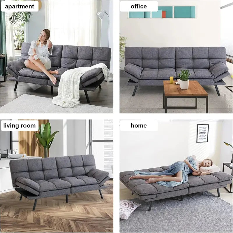 Modern Futon Sofa Bed  Memory Foam Cushioned Convertible Couch with Supportive Sleep Surface