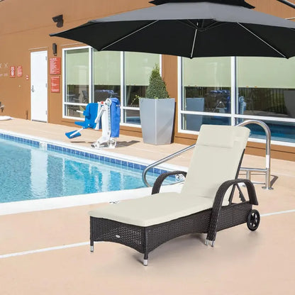 Adjustable PE Rattan Chaise Lounge: Outdoor Sun Lounger with 5-Position Backrest, Headrest & Wheels