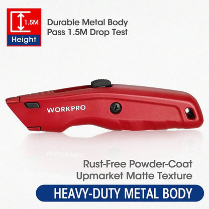 WORKPRO All-Metal Retractable Utility Knife  Heavy-Duty Box Cutter with 10 Spare Blades