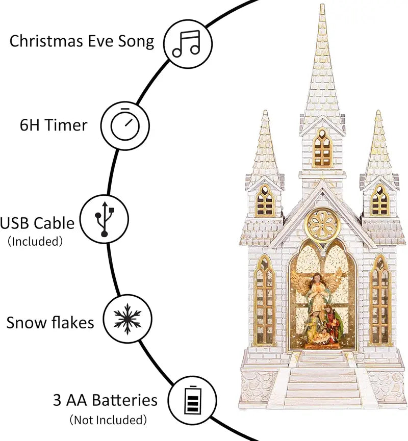 DGSCAK Church Snow Globe Lantern, Resin, Retro Style, Musical with Timer, USB/Battery Powered, Christmas Decor