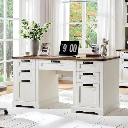 60-Inch Farmhouse-Style Executive Desk  Solid Wood Computer Workstation for Home Office