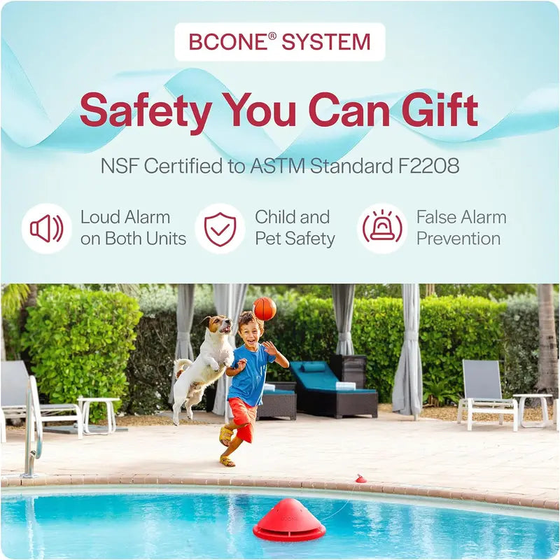 Lifebuoy Pool Alarm System, Red/White, Battery Powered, ASTM F2208 Certified, Alexa Compatible, For Inground & Above-Ground Pools