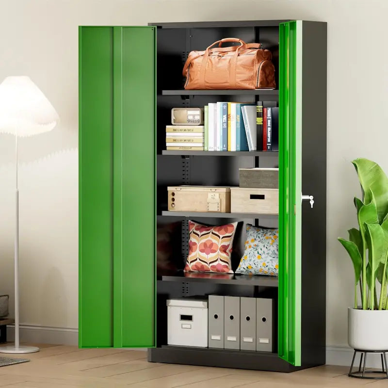 Greenvelly 72-Inch Locking Metal Storage Cabinet — 2-Door Garage or Office Organizer with Adjustable Shelves
