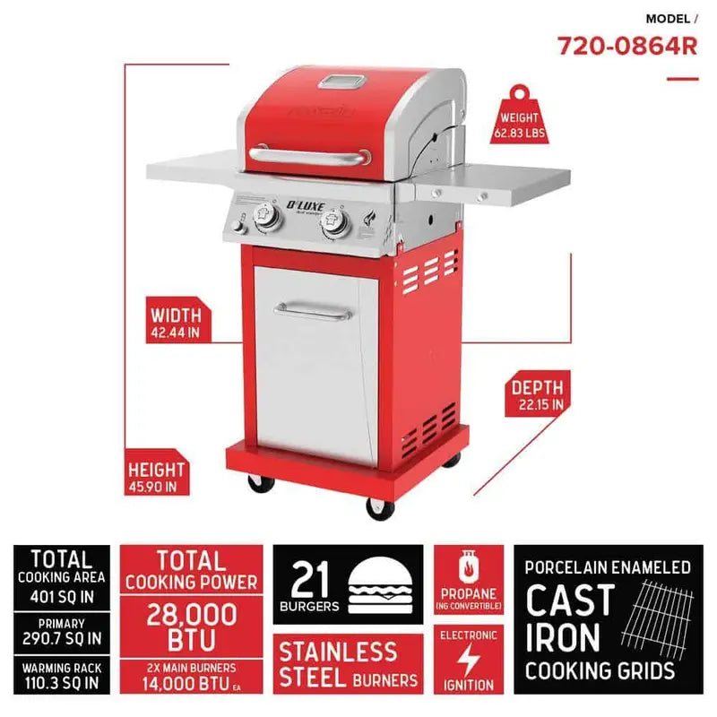 Nexgrill 2-Burner Red Propane Grill  Stainless Steel, 28,000 BTU, Space-Saving Outdoor Cooking Station