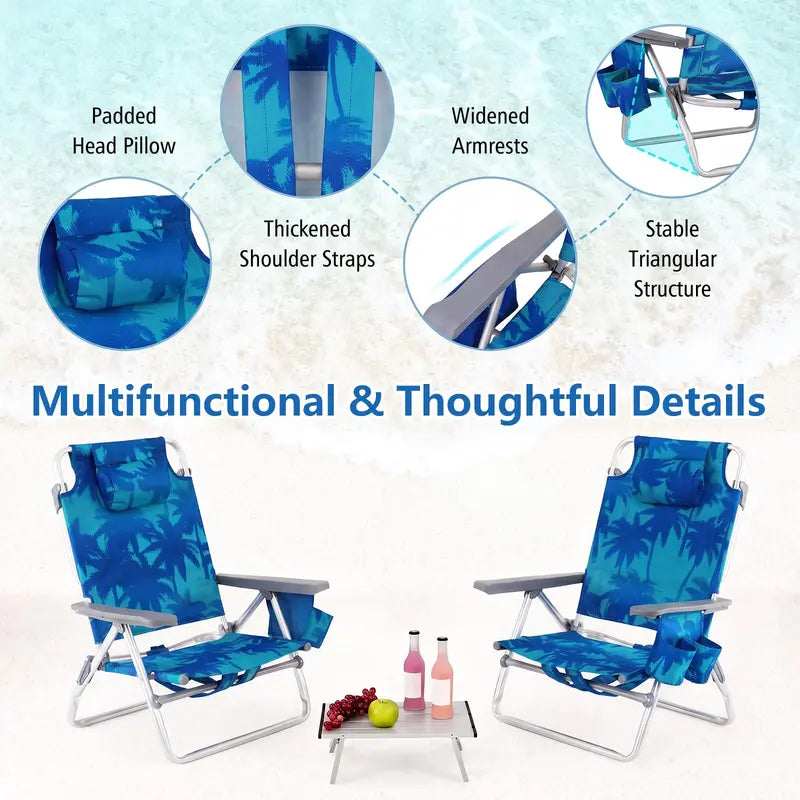 Adjustable Folding Beach Chair for Adults  5-Position Recline, Head Pillow & Integrated Cooler Bag