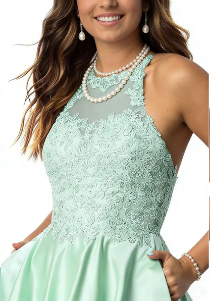 Green Halter A-Line Party Dress — Lace Appliqué Detail, Functional Pockets (4 Colors)