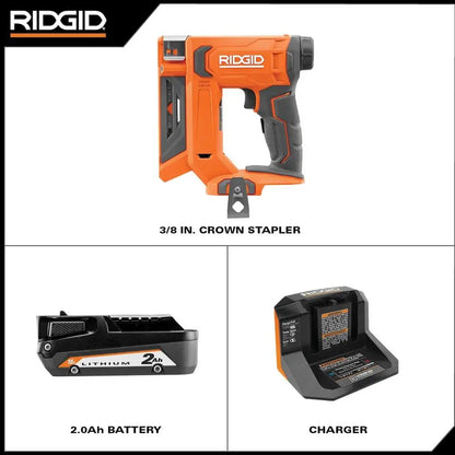 RIDGID 18V Cordless 3/8 in. Crown Stapler Kit with 2.0 Ah Battery and Charger R09897KN