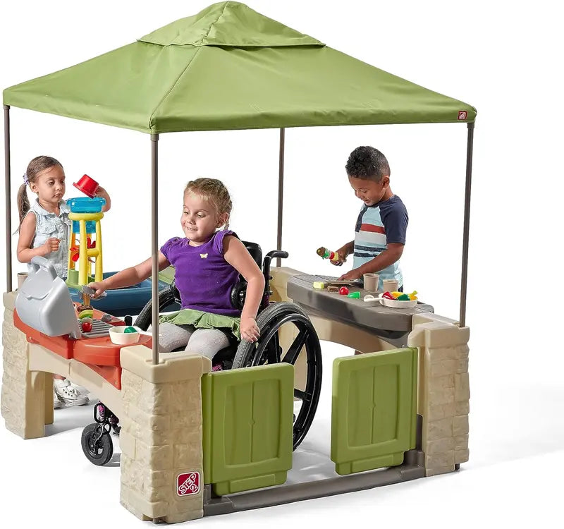All-in-One Canopy Play Patio  Outdoor & Indoor Pretend Play Kitchen Set with Shade Cover