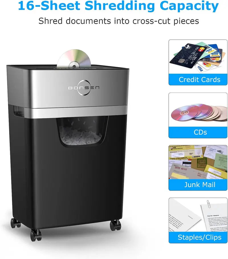 Heavy-Duty Office Paper Shredder — 16-Sheet Cross-Cut, 60-Min Continuous Run, Low-Noise 60dB Design