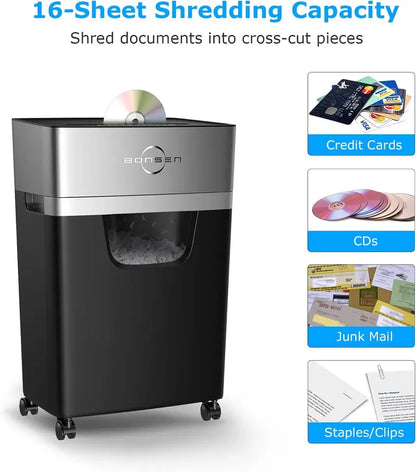 Heavy-Duty Office Paper Shredder — 16-Sheet Cross-Cut, 60-Min Continuous Run, Low-Noise 60dB Design