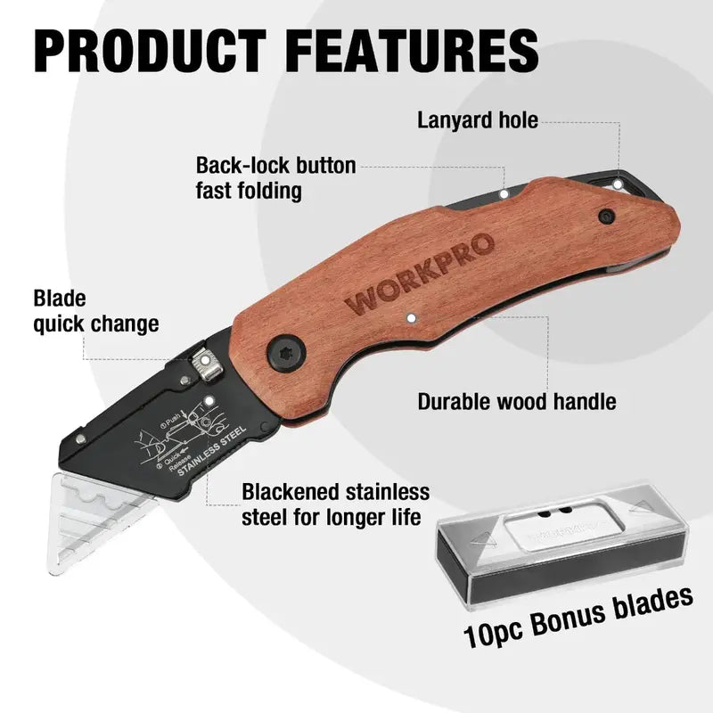 WORKPRO Heavy-Duty Folding Utility Knife  Wood Handle, Durable Blade Design