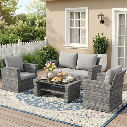 Wisteria Lane 4-Piece Navy Blue All-Weather Wicker Patio Sofa Set with Cushions and Glass Table