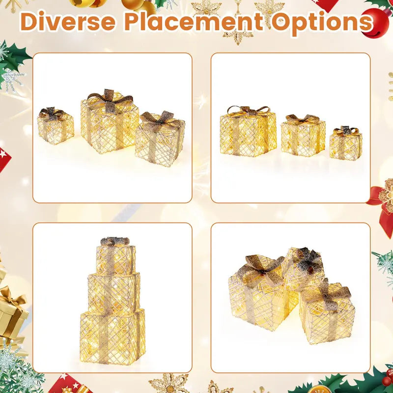 Set of Three Lighted Gift Box Ornaments ¡ª 90 LEDs Total, Festive Bow Accents for Indoor or Outdoor Use