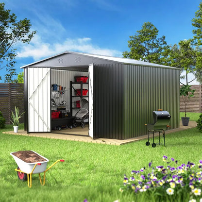 14x12ft Waterproof Steel Storage Shed  Heavy-Duty Utility & Garden Tool Shelter