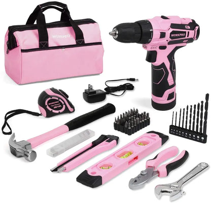 WORKPRO 12V Cordless Drill Kit with 14-Inch Pink Ribbon Tool Bag