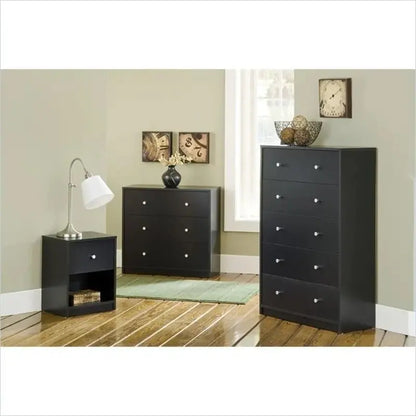 Scandinavian-Inspired 3-Piece Bedroom Set  Engineered Wood Chest, Double Dresser &amp; Nightstand in Black with Pewter Handles